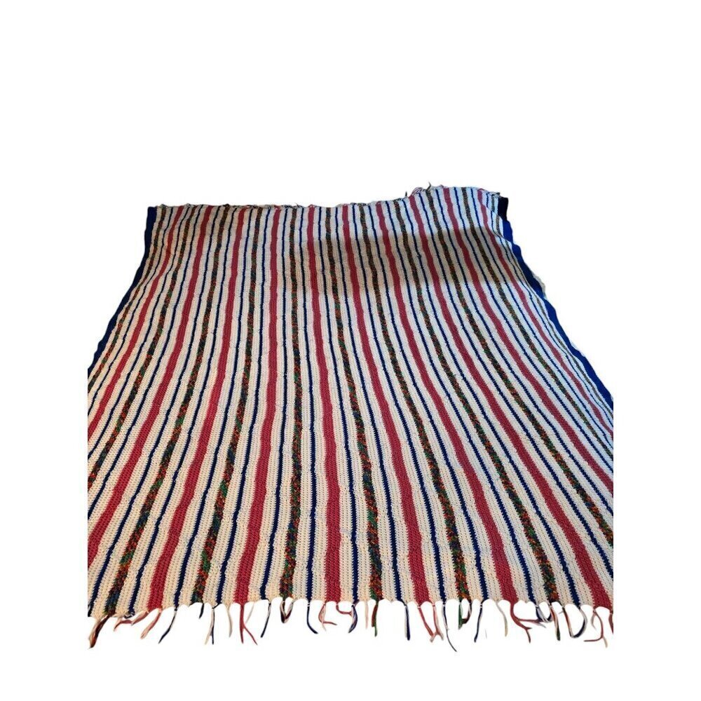 Vintage Handmade Pink Space Dye Striped Fringe Crochet Throw Blanket
